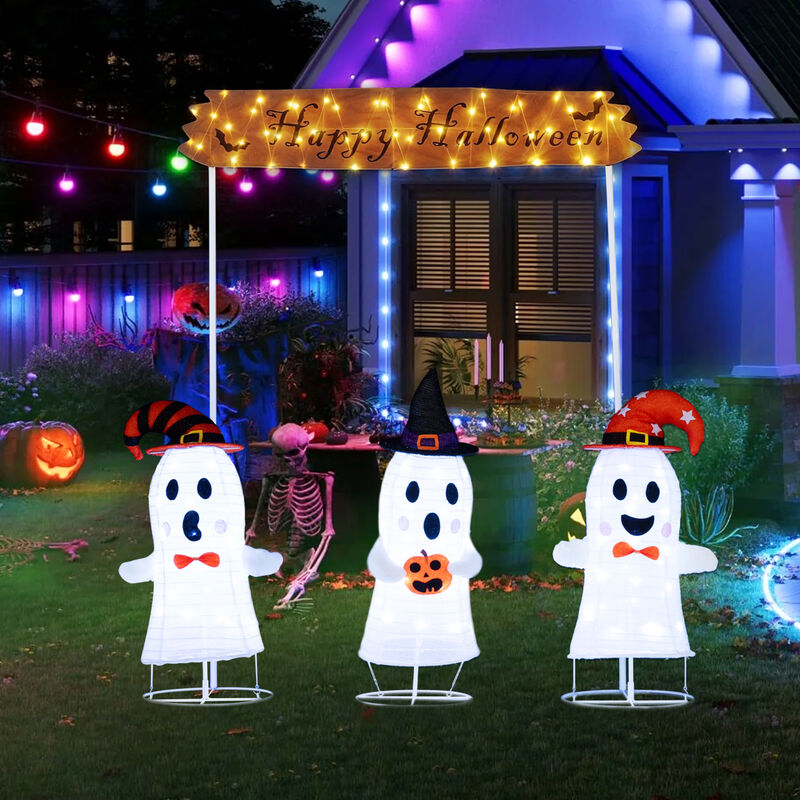 Pop- Up Ghost Halloween Decoration Set of 4 with Gate and LED Lights-White image number 1