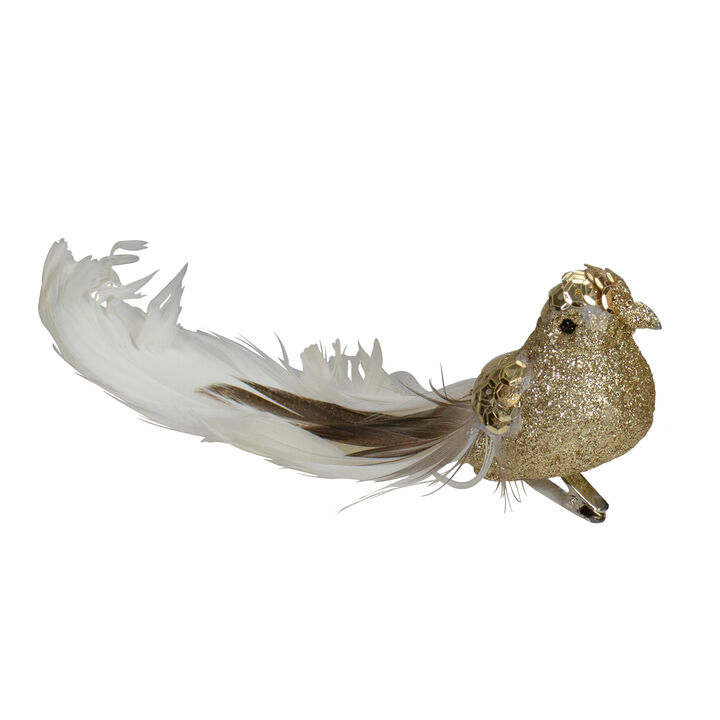 6" Gold and White Embellished Bird With Clip Christmas Ornament
