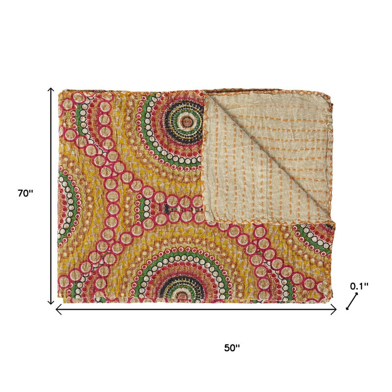 HomeRoots 50" X 70" Brown And Beige Abstract Cotton Quilted Kantha Throw Blanket with Embroidery image number 4