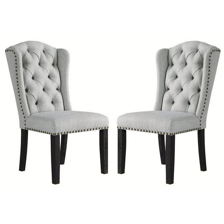 Button Tufted Fabric Upholstered Side Chair with Wooden Legs, Set of 2, Gray