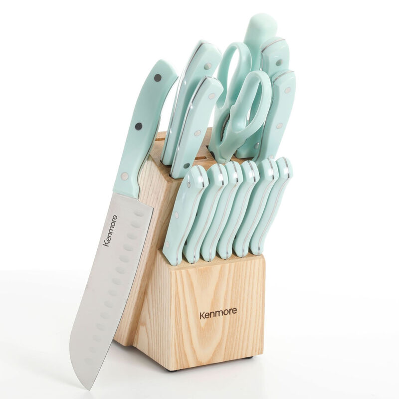 Kenmore Kane 14 Piece Stainless Steel Cutlery Set in Glacier Blue with Rubber Wood Block