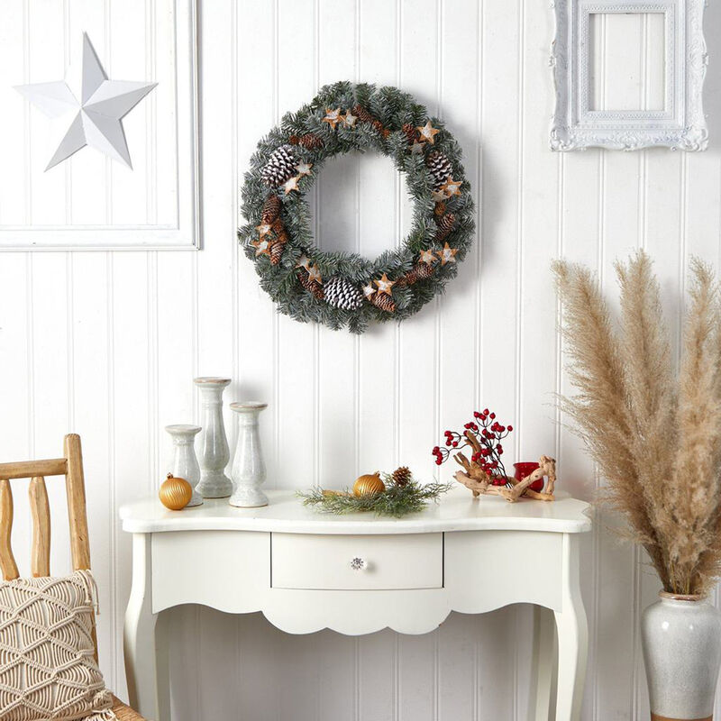 Nearly Natural 24-in Christmas Winter Frosted Stars and Pinecones Holiday Wreath