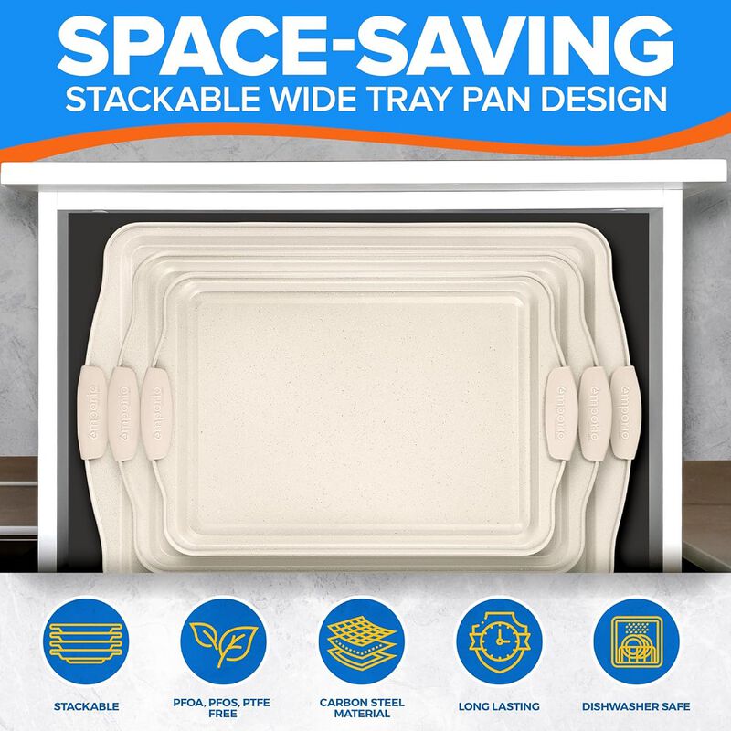 Baking Pan Set - Nonstick Coating, Carbon Steel Bakeware Set with White Silicone Handle, PFOA, PFOS, PTFE Free, Recipe Booklet Included, Oven Safe Tray (Up To 450&deg; F), Set of 3 - White