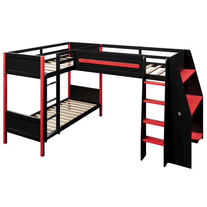 Merax Black & Red L-Shaped Twin Bunk Bed with Gaming Loft Desk, Storage Shelves & LED Light Strip