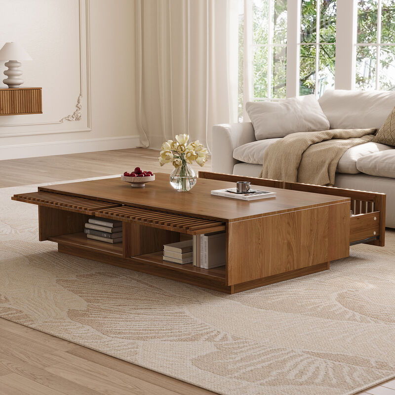 Whisen 47" Mid-Century Modern Solid Wood Coffee Table with Slatted Storage Drawers, Low Profile Rectangular Center Table for Living Room image number 3