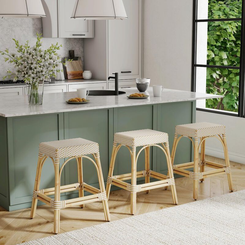 Butler Specialty Robias Rectangular Rattan 24.5 Counter Stool, White and Tan Dot
