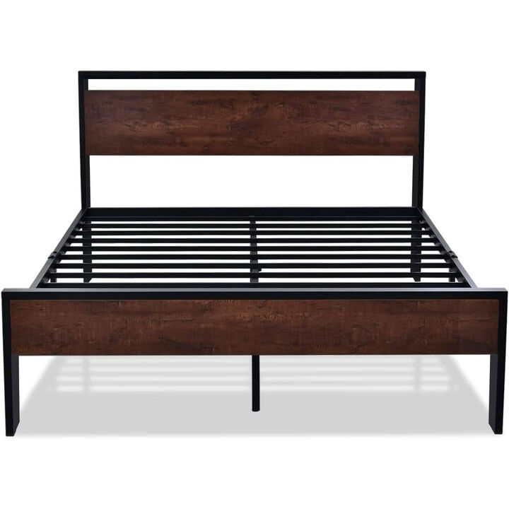 QuikFurn Full Metal Platform Bed Frame with Mahogany Wood Panel Headboard Footboard
