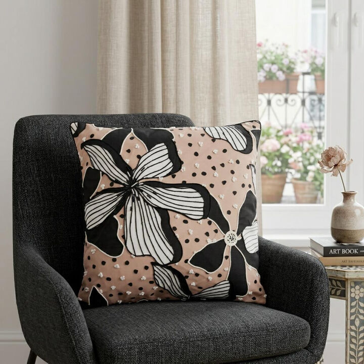 HomeRoots 20" Beige and Black Tropical Throw Pillow With Embroidery