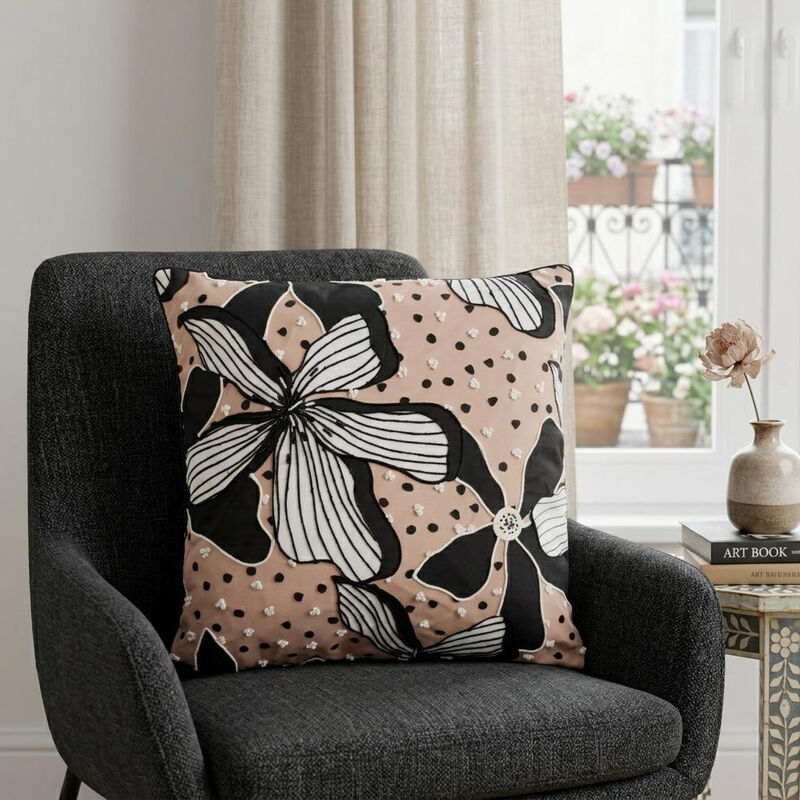 HomeRoots 20" Beige and Black Tropical Throw Pillow With Embroidery image number 1