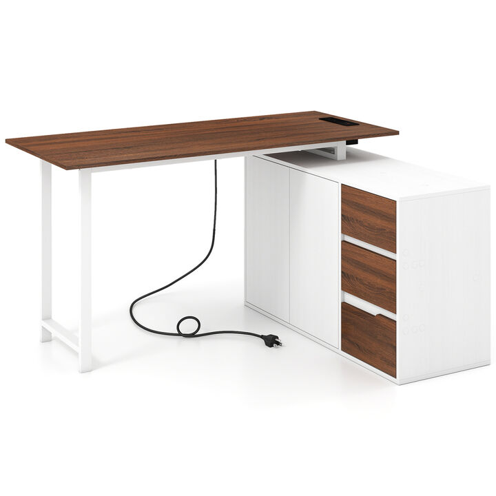 L Shaped Computer Desk with Storage Cabinet and Power Outlet for Bedroom