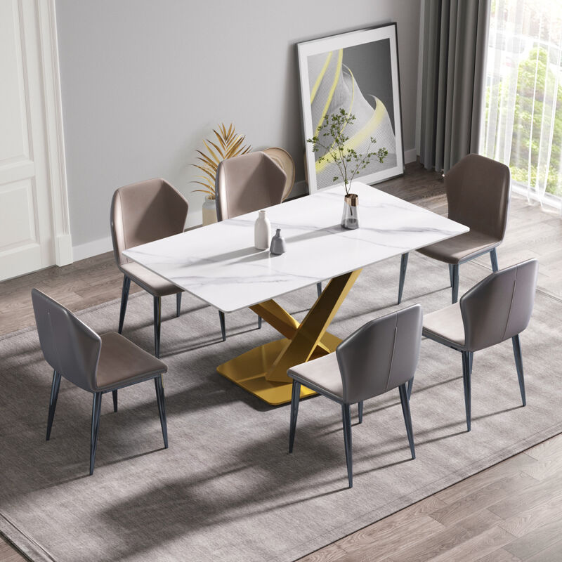 63-inch modern artificial stone white straight edge golden metal X-leg dining table -6 people