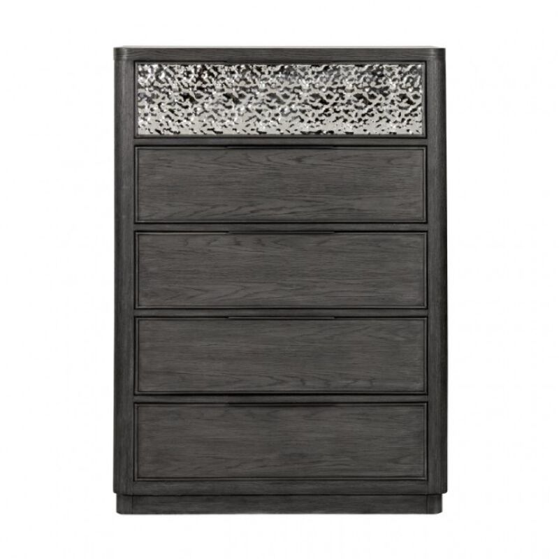 Zoko Tall Dresser Chest, 5 Drawers, Textured Metal Accents, Ash Gray - Benzara