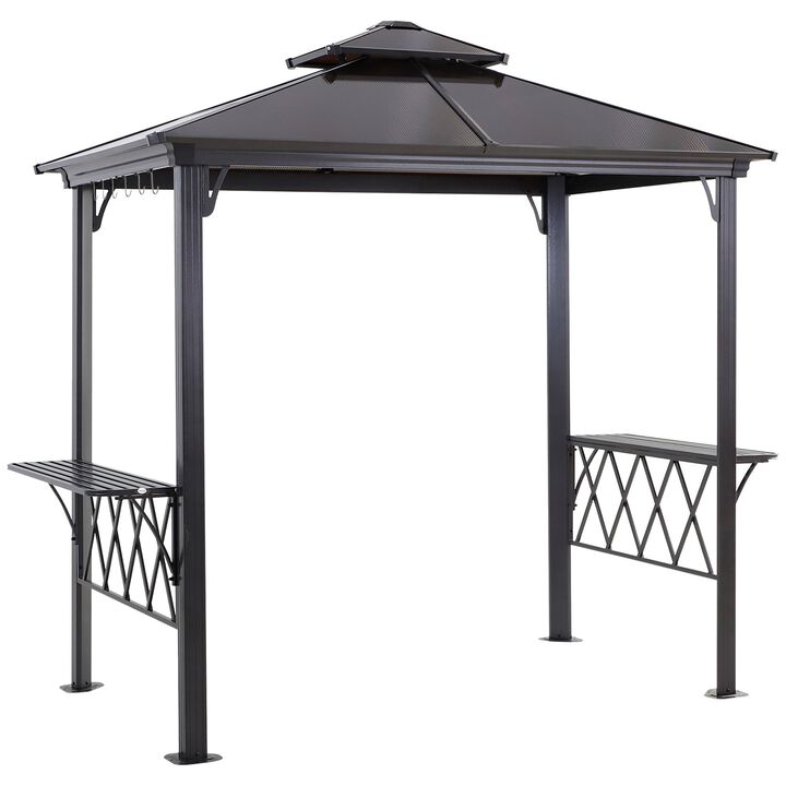 8.3 ft Outdoor Patio Double-tier BBQ Canopy Gazebo with 2 Separate Shelves for Serving & 6 Hooks for Utensils