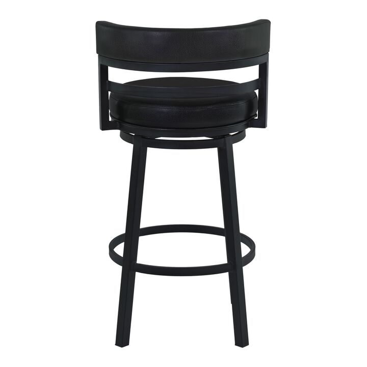 Eva 30 Inch Swivel Bar Stool Chair, Vegan Faux Leather, Curved Back, Black-Benzara