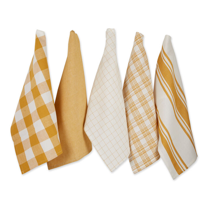 Set of 5 Assorted Honey Gold and White Everyday Dish Towel  28"