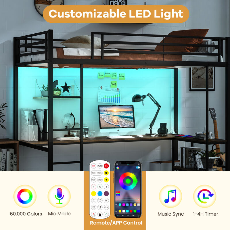 Loft Bed Raised Platform Bed with Desk and 2 Storage Shelves