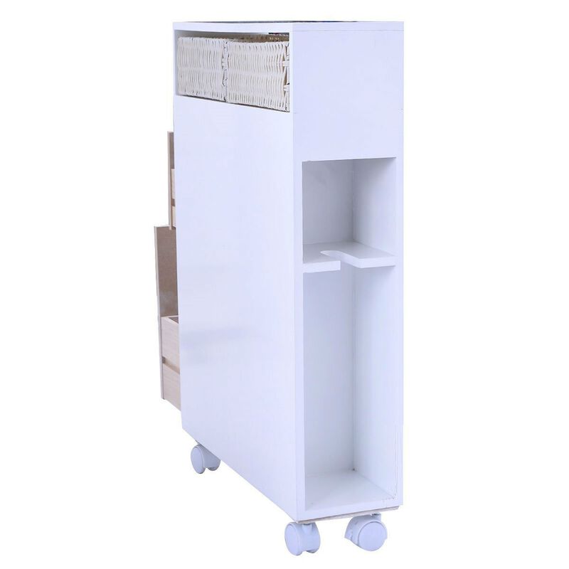 Hivvago White Bathroom Storage Floor Cabinet with Baskets and Casters