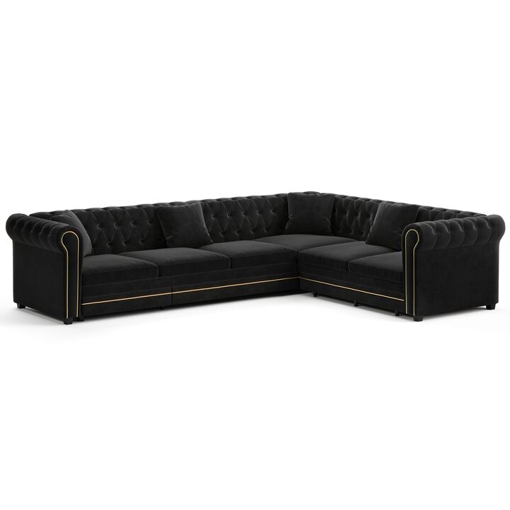 Gorheg Velvet L‑Shaped Chesterfield Sectional Sleeper Sofa