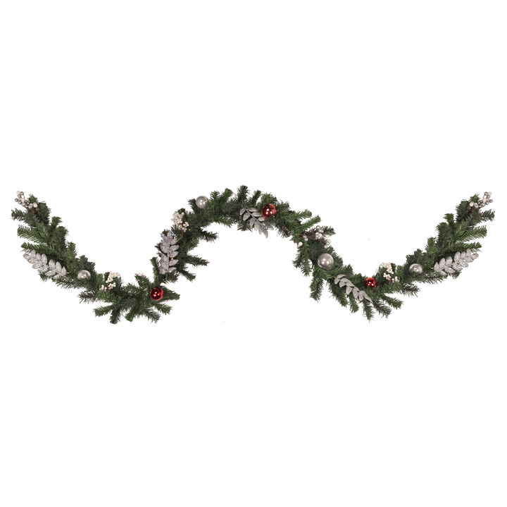 9' Pre-Lit Decorated Green Pine Artificial Christmas Garland  Warm White LED Lights