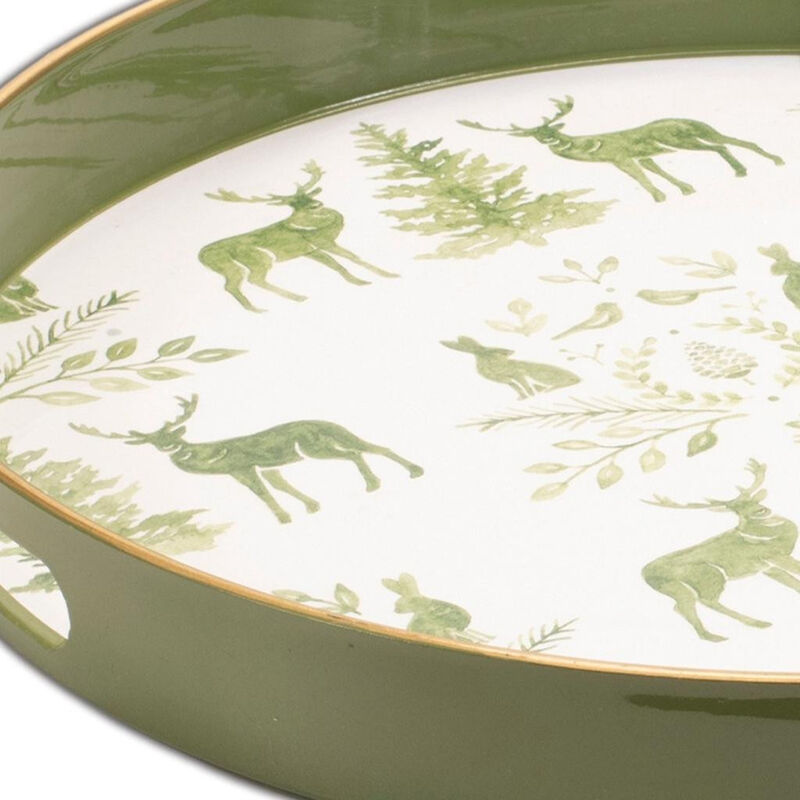 HomeRoots 14" Green White And Gold Woodland Scene Round Serving Tray With Handles image number 2