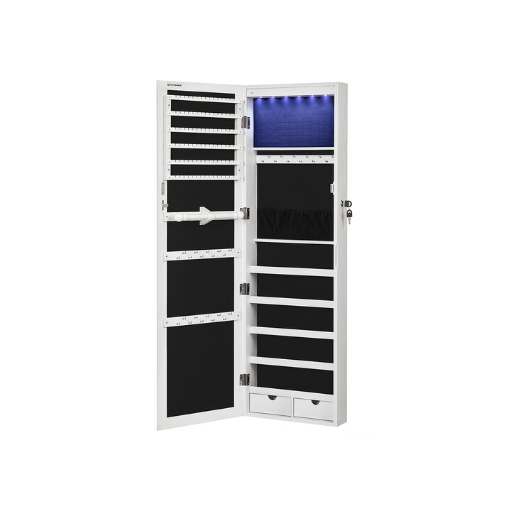 Wall/Door Mounted Jewelry Armoire 6-LED Mirror Cabinet with Lock, 2 Drawers, and Organizer