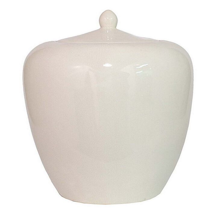 19 Inch Decorative Jar with Lid, Contemporary Style Rounded White Ceramic - Benzara