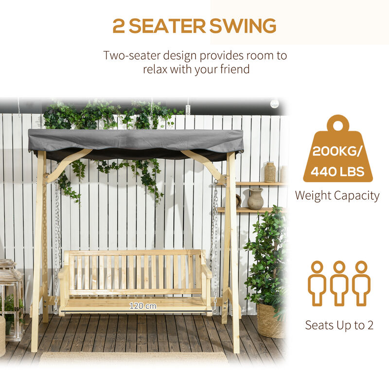 Outsunny Wooden Porch Swing Bench, 2-Seater Outdoor Swing Glider with Adjustable Canopy, Adjustable Hanging Chains, A-Frame, for Garden, Poolside, Backyard, Gray