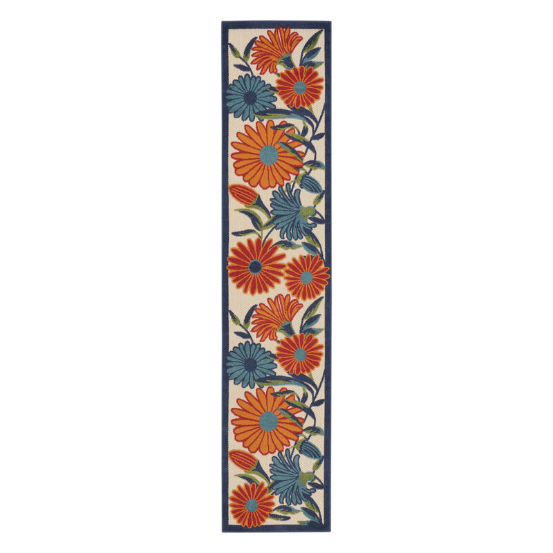 HomeRoots 8' Ivory Blue And Orange Floral Indoor Outdoor Runner Rug image number 0