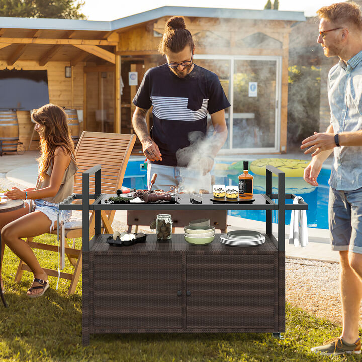 Wicker Patio Bar Cart with Cabinet and 8 Hooks – Outdoor Buffet Serving Cart