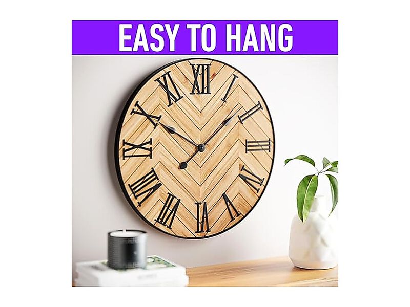 Large Wall Clock 24 Round Silent Metal Wood Farmhouse Living Decor 3D Roman No image number 3