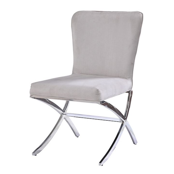 Velvet Upholstered Metal Side Chair with X Style Base, Light Gray and Silver, Set of Two-Benzara