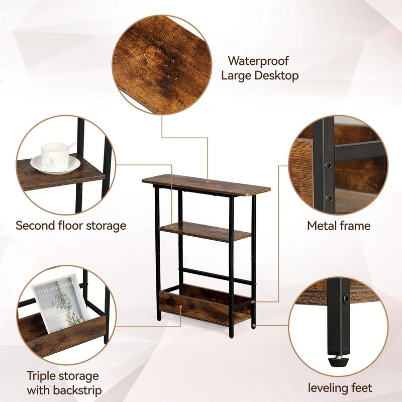 Narrow Side Table for Small Spaces, 3-Tier Small End Table with Storage Shelf and Magazine Holder, Slim and Skinny Nightstand fo