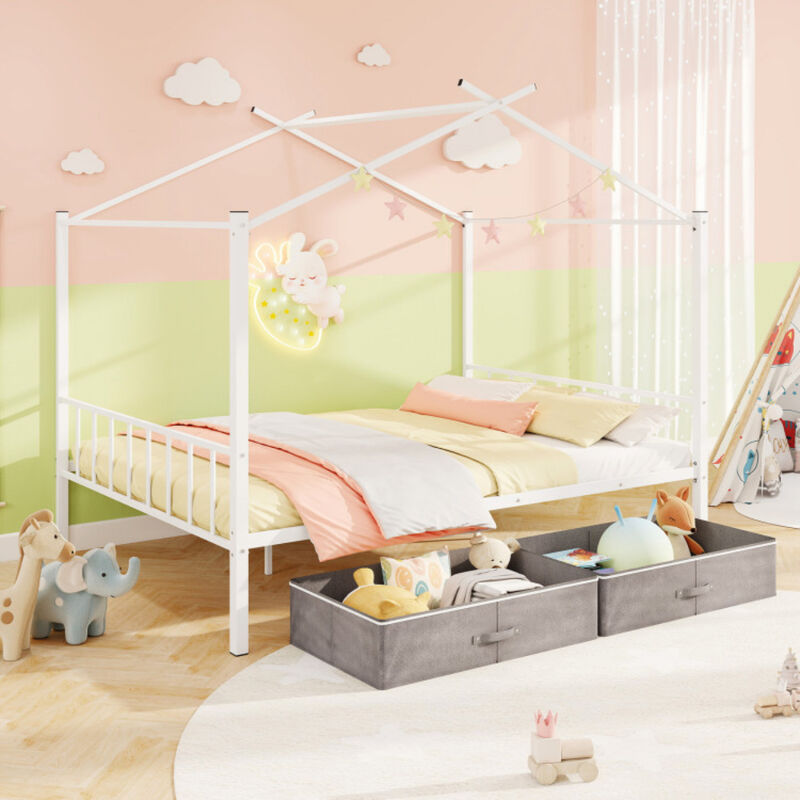 Metal House Bed with 2 Fabric Drawers for Kids, Fun and Functional Bedroom Furniture