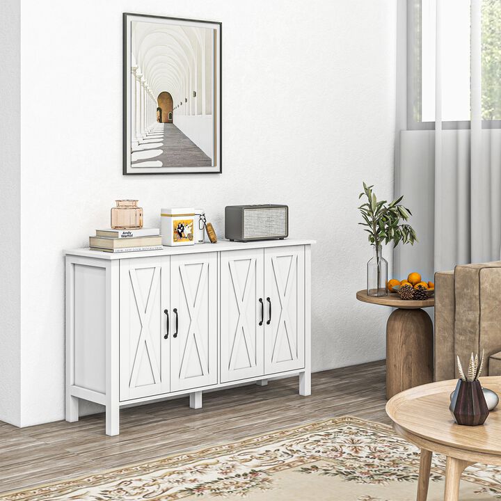 Sideboard Buffet with 4 Barn Doors and 2 Adjustable Shelves, Kitchen Buffet Cabinet for Living Room, Hallway, White