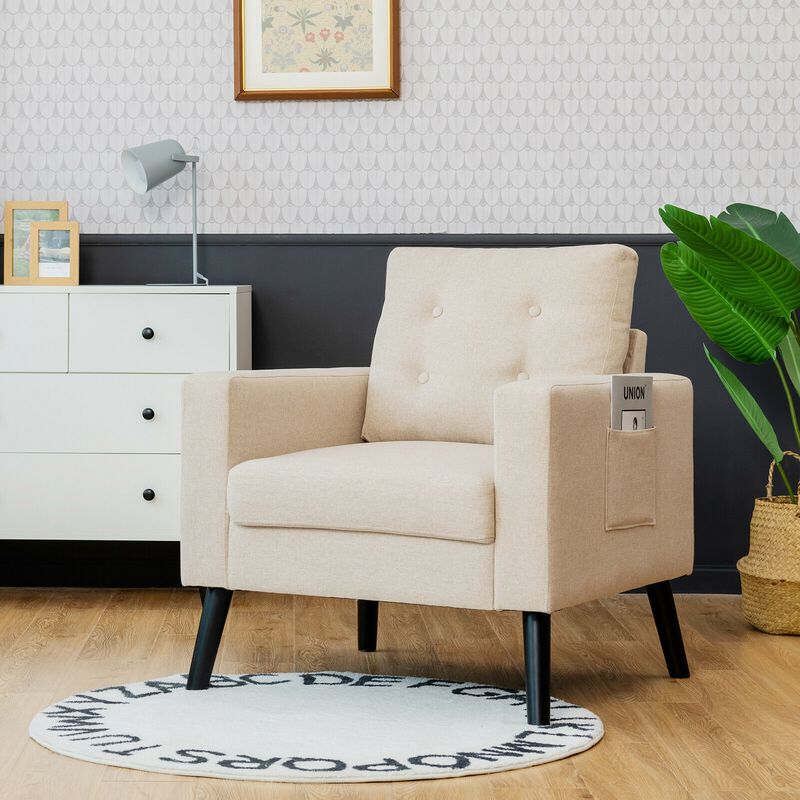 Mid-Century Upholstered Armchair Club Chair with Rubber Wood Legs