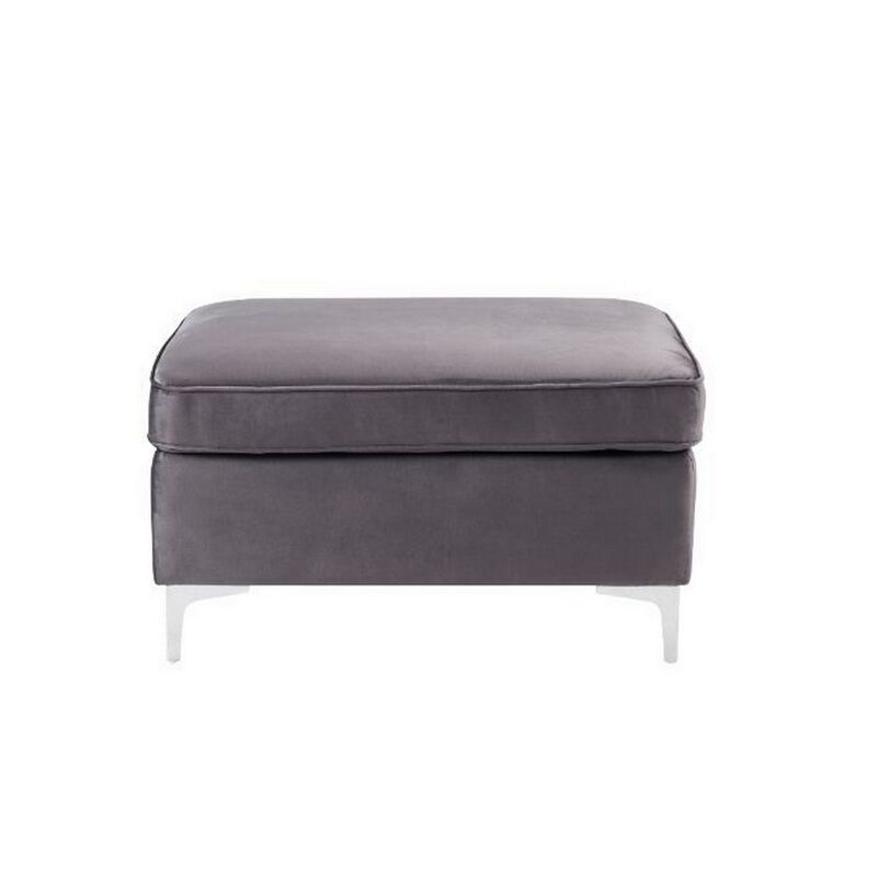 Ottoman with Velvet Upholstery and Metal Legs, Gray-Benzara image number 2