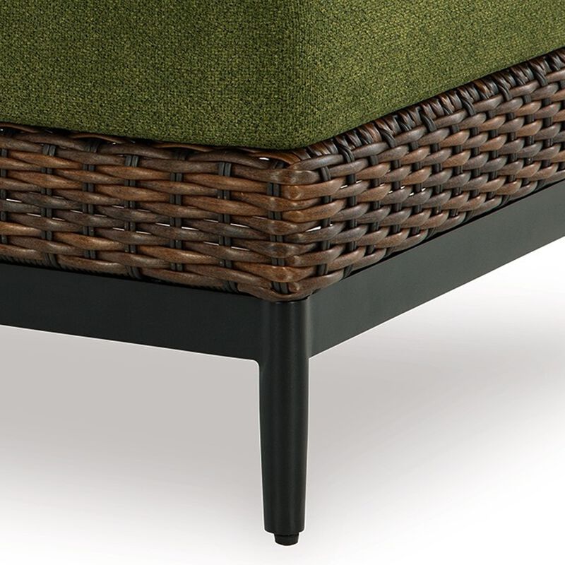 Izon Outdoor Ottoman, Brown Woven Wicker, Green Polyester, 28 Inch - Benzara