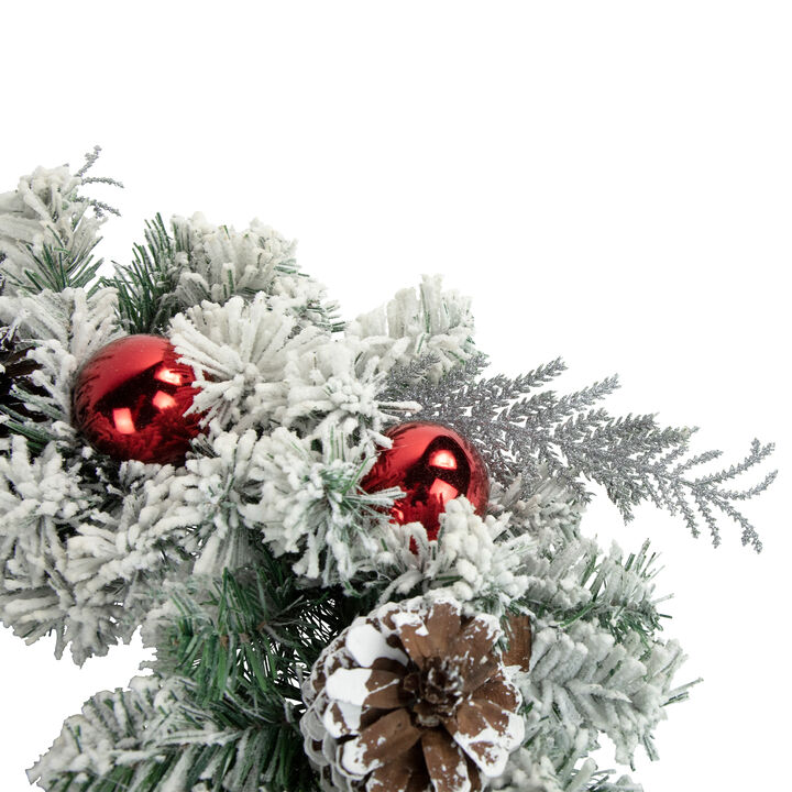 Flocked Pine with Red Ornaments Artificial Christmas Wreath  24-Inch  Unlit