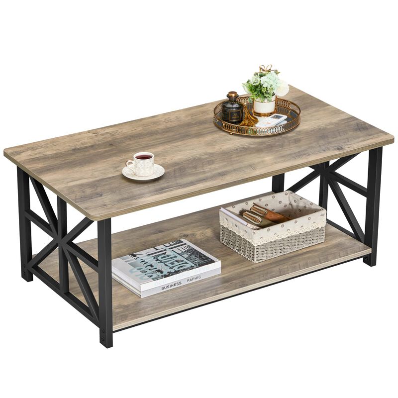 GreenForest Coffee Table for Living Room with Round Corners Farmhouse Style Center Table with Storage Shelf 39 Inch Space Saving