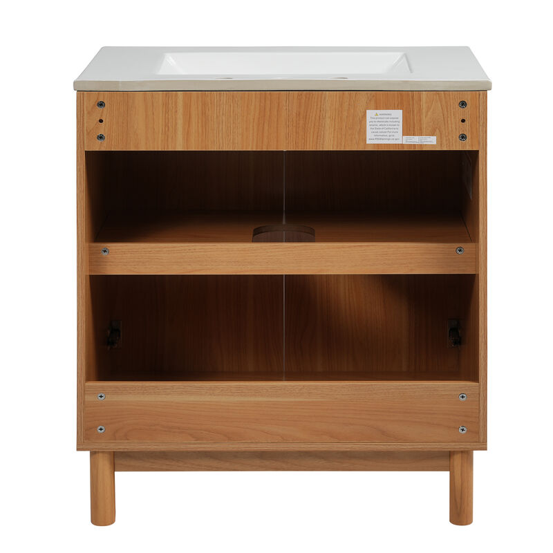 Whisen 29.9-inch Traditional Bathroom Vanity with Ceramic Sink, Solid Wood Legs, MDF U-Shaped Adjustable Shelf, Soft-Close Doors, and Space-Saving Storage