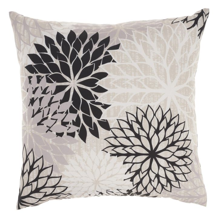 HomeRoots 20" Black Gray and White Handmade Floral Indoor Outdoor Throw Pillow