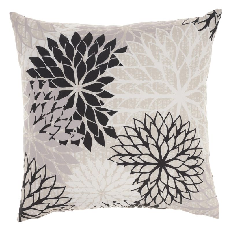 HomeRoots 20" Black Gray and White Handmade Floral Indoor Outdoor Throw Pillow image number 0