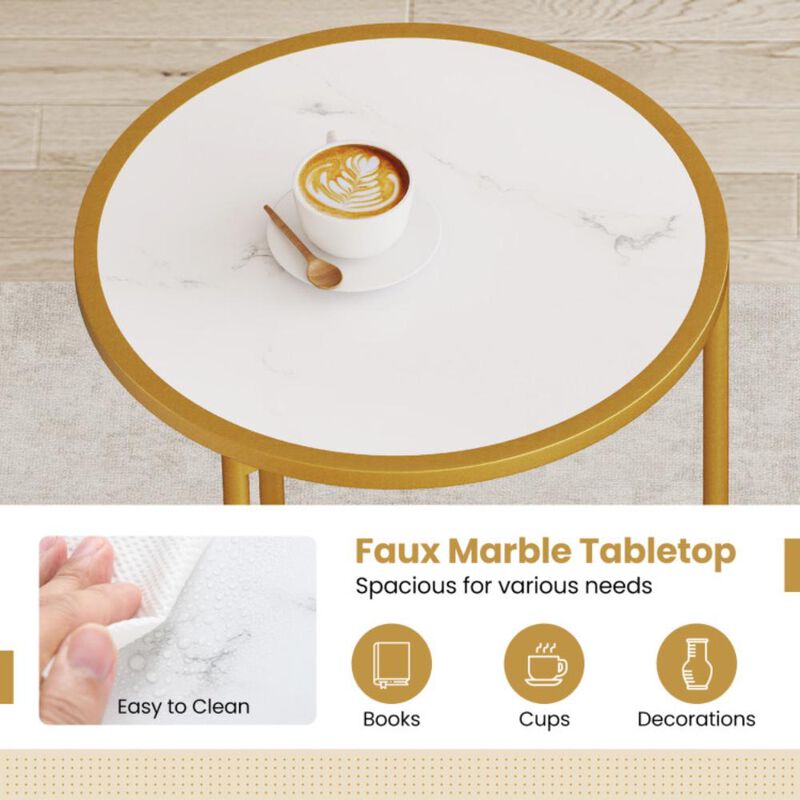 Hivvago Round Nesting Table Set of 2 with Marble-like Tabletop-White