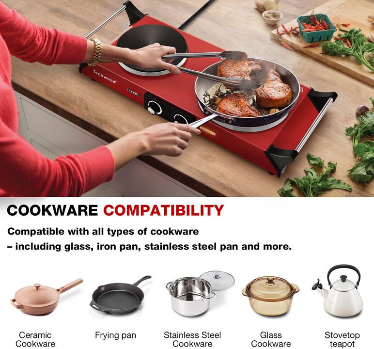 Techwood 1800W Stainless Steel Dual Hot Plate with Stay Cool Handles, Stainless Steel