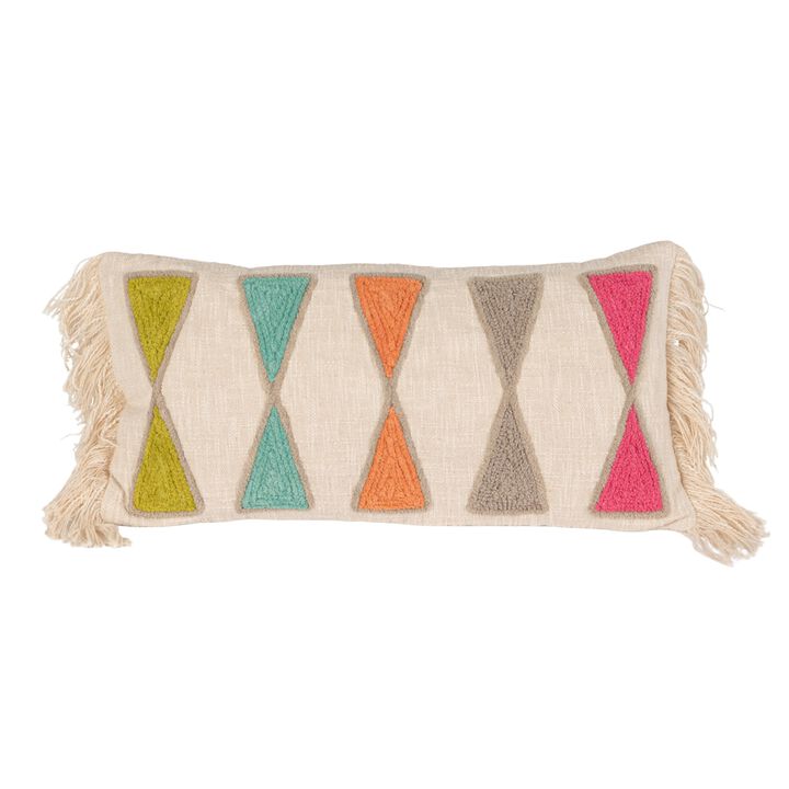 Embroidered Cotton Lumbar Pillow with Fringe, Bright Multicolors