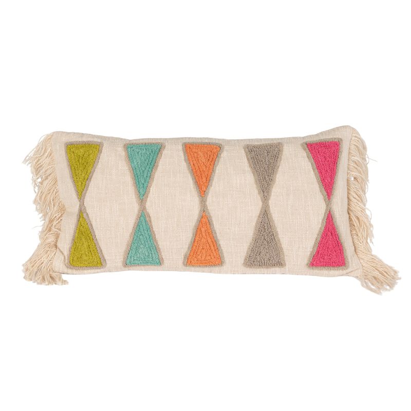 Embroidered Cotton Lumbar Pillow with Fringe, Bright Multicolors image number 0