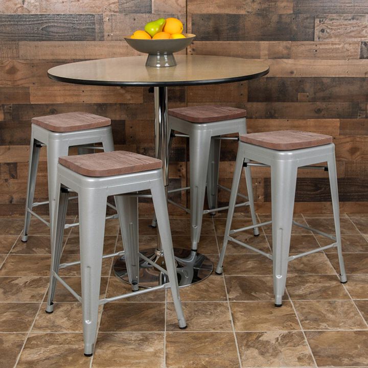 Flash Furniture 24" High Metal Counter-Height, Indoor Bar Stool with Wood Seat in Silver - Stackable Set of 4
