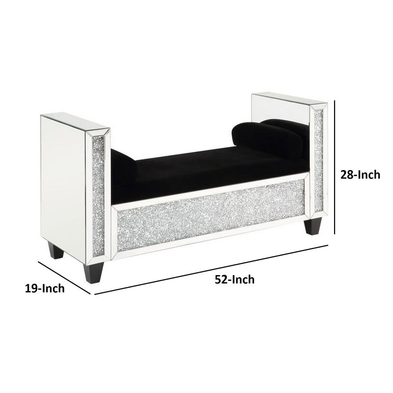 Mirrored Bench with 2 Pillows and Button Tufted Seat, Silver-Benzara