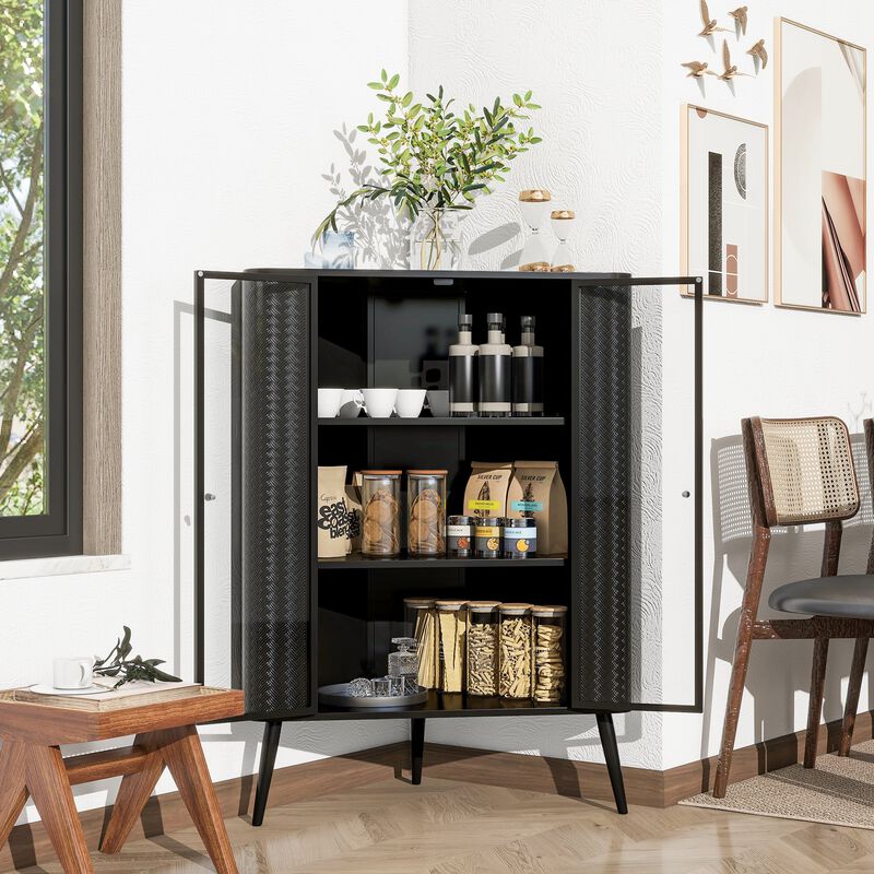 Clihome Modern 3-Tier Corner Storage Cabinet with Tempered Glass Doors, Removeable Shelves & Metal Frame - Freestanding Space-Saving Organizer