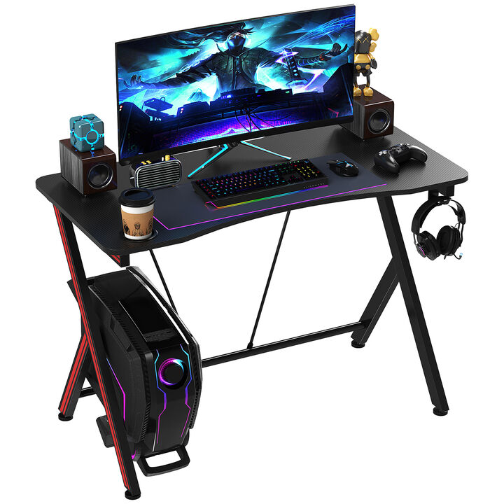 41" Gaming Computer Desk Writing Table Curved Front Headset Hook Adjustable Feet